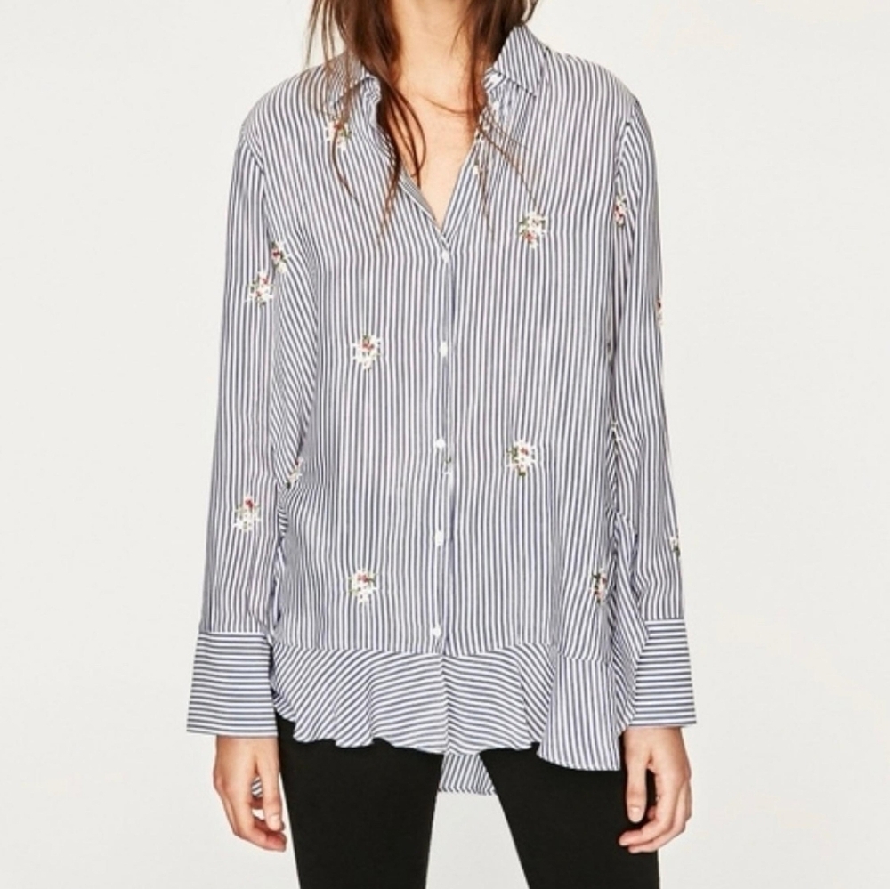 Zara Blue and White Striped Blouse with Floral Embroidery Size Medium